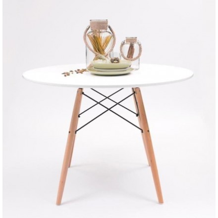 Mesa de cocina o comedor redonda TOWER sobre lacado en blanco de 10 cm y patas de madera de haya