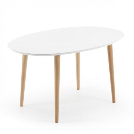 Mesa de comedor extensible de diseño nórdico OQUI sobre dm lacado blanco y pies de madera 140/220x90 cm