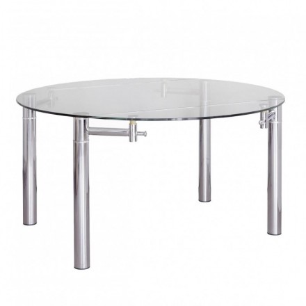 Mesa de comedor extensible MILÁN cristal templado y estructura metálica acabado cromo 90/146x146 cm