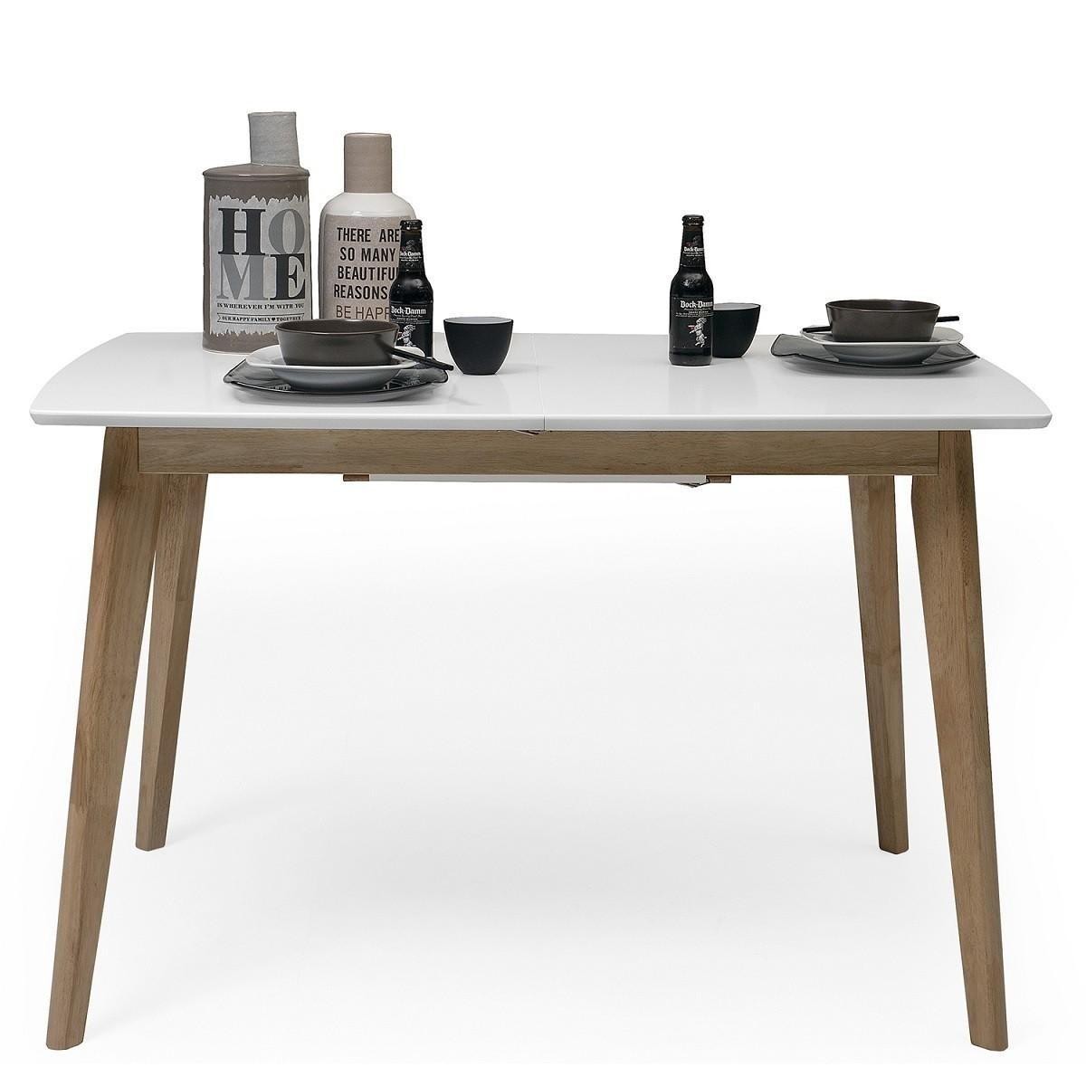 Mesa de comedor extensible MELAKA sobre lacado blanco y patas de mader