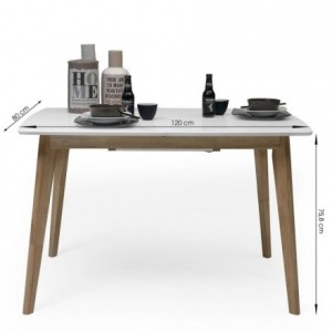 Mesa de comedor extensible MELAKA sobre lacado blanco y patas de madera de roble