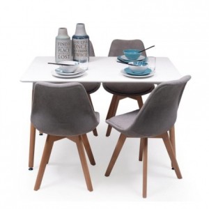 Conjunto de comedor TOWER DAY ROMBOS con mesa lacada blanca de 120x80 cm y 4 sillas NEW DAY TELA