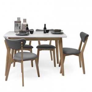 Conjunto de comedor de diseño nórdico MELAKA mesa extensible blanca y 4 sillas tapizadas