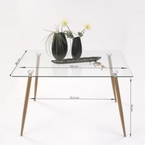 Mesa de comedor de diseño nórdico CAIRO tapa de cristal y patas de metal color roble 120x80 cm