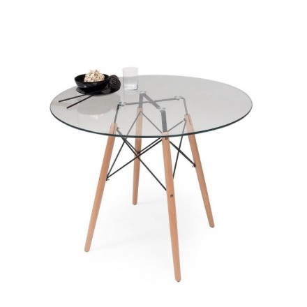 Mesa de cocina o comedor redonda TOWER VINTAGE 100 sobre de cristal de 100 cm y patas de madera de haya