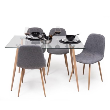 Conjunto de comedor CAIRO CHENILLA GRIS mesa de cristal de 120x79,5 cm y 4 sillas tela gris