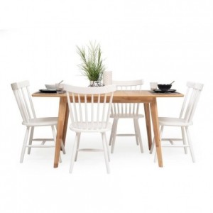 Conjunto de comedor de diseño nórdico colonial VICKY MELAKA mesa extensible roble y 4 sillas blancas