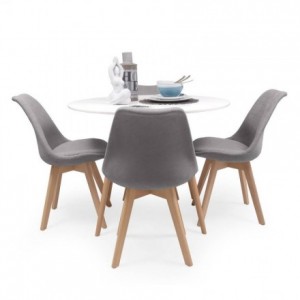 Conjunto de comedor TOWER DAY TELA mesa redonda de lacada en blanco de 100 cm y 4 sillas NEW DAY TELA