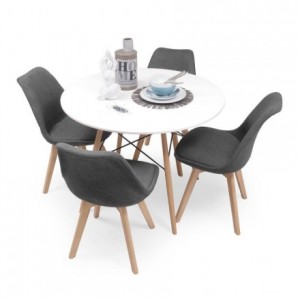 Conjunto de comedor TOWER DAY TELA mesa redonda de lacada en blanco de 100 cm y 4 sillas NEW DAY TELA