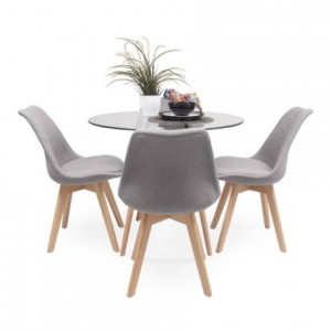 Conjunto de comedor TOWER DAY TELA mesa redonda de cristal de 90 cm y 4 sillas NEW DAY TELA