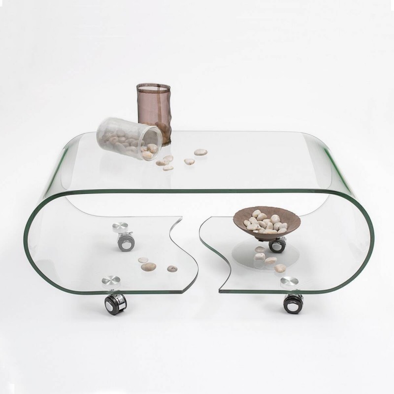 Mesa de centro con ruedas y cristal curvado de una pieza COFFEE de 90x50x39,5 cm