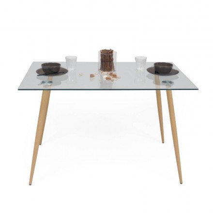 Mesa de comedor CAIRO ANTIQUE tapa de cristal de 120x79,5 cm y patas de metal color roble o color negro