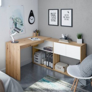 Mesa escritorio con estantería DUO color blanco artik y roble nodi