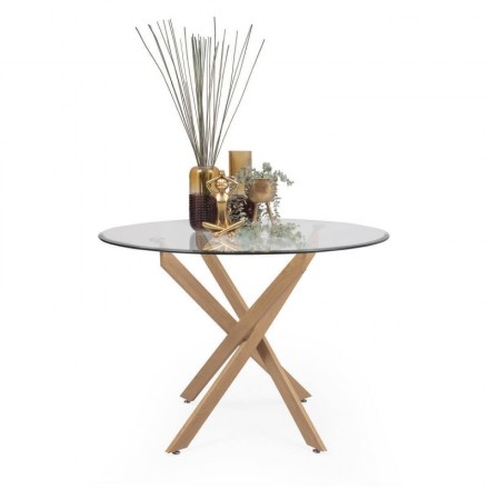 Mesa de comedor redonda DALILA, cristal templado, estructura metálica en acabado madera, de 110x73 cm