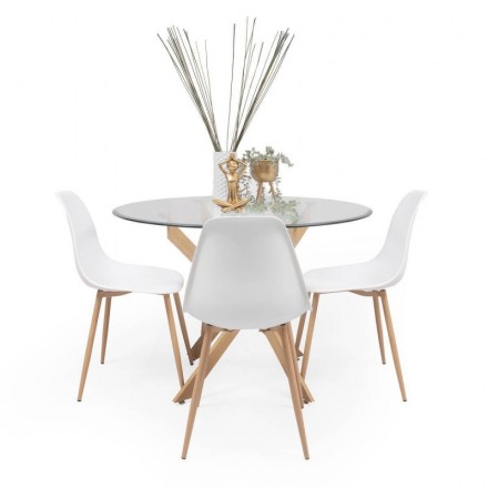 Conjunto de comedor TOWER CRISTAL. Mesa de cristal redonda de 90 cm y