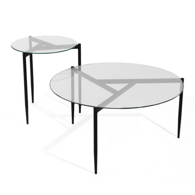 Set de dos mesas auxiliares FEVER cristal transparente y pies metálicos color negro