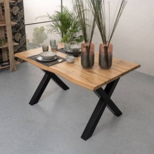 Mesa de comedor extensible KRAHE, sobre de MDF de 36 mm acabado roble, patas metálicas color negro, de 140/180x90x75 cm