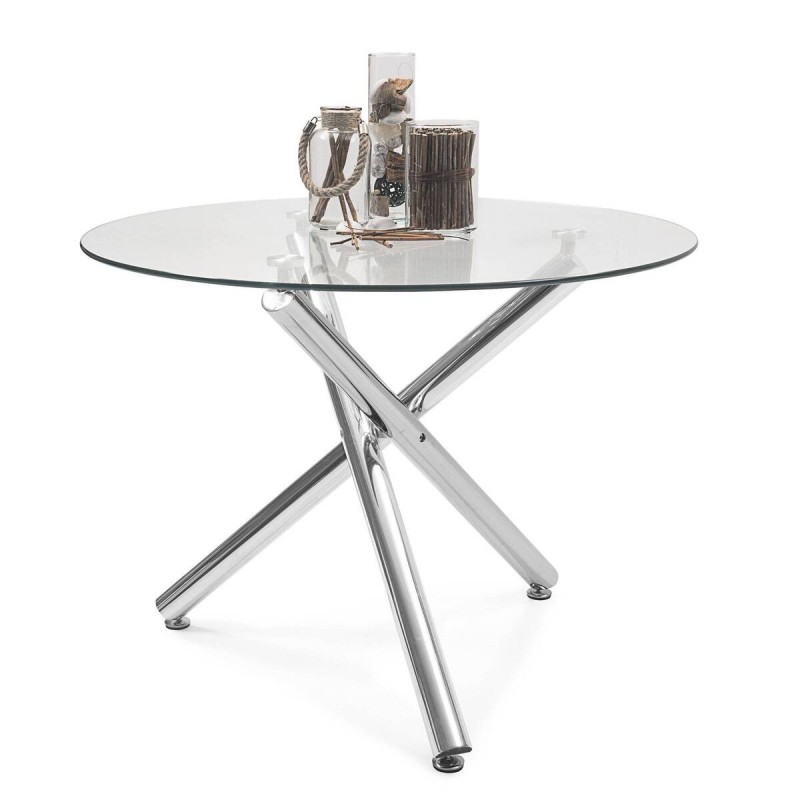 Mesa de comedor redonda BRISA cristal transparente y patas de metal cromado 110  cm - Tienda de Mesas - Centro Mueble Online