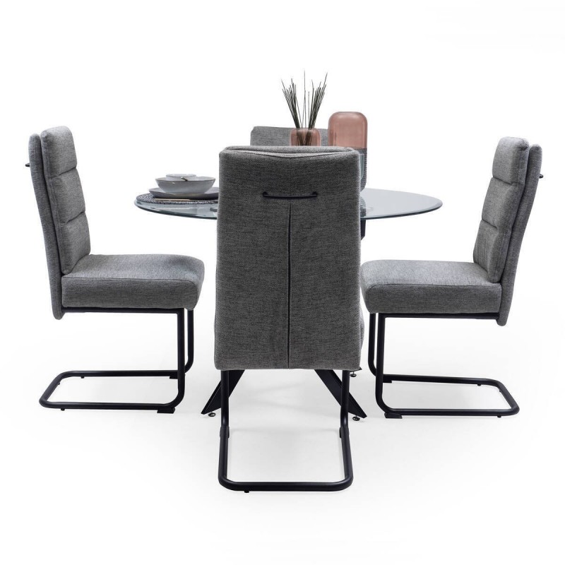 Conjunto de comedor DIANA DALILA, mesa de cristal templado estructura metálica color negro y 4 sillas tapizadas
