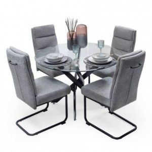 Conjunto de comedor DIANA DALILA, mesa de cristal templado estructura metálica color negro y 4 sillas tapizadas