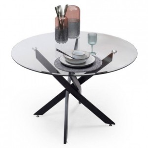Conjunto de comedor DIANA DALILA, mesa de cristal templado estructura metálica color negro y 4 sillas tapizadas