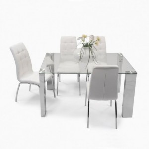 Conjunto de comedor KARINA II, mesa de cristal de 140x90 cm, 4 sillas tapizadas en polipiel o tela con patas de acero cromado
