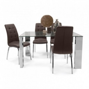 Conjunto de comedor KARINA II, mesa de cristal de 140x90 cm, 4 sillas tapizadas en polipiel o tela con patas de acero cromado