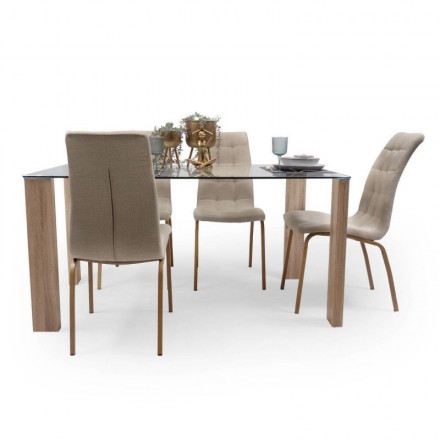 Conjunto de comedor GEMA ROSSET, mesa de cristal 140x90 cm, 4 sillas tapizadas color beige