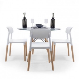 Conjunto de comedor CALAS TOWER CRISTAL 90, mesa de cristal redonda de 90 cm, 4 sillas de diseño nórdico