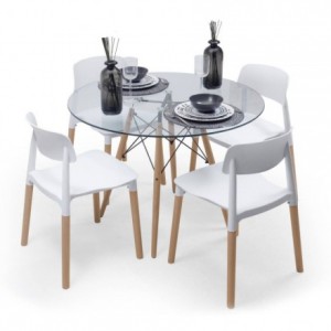 Conjunto de comedor CALAS TOWER CRISTAL 90, mesa de cristal redonda de 90 cm, 4 sillas de diseño nórdico