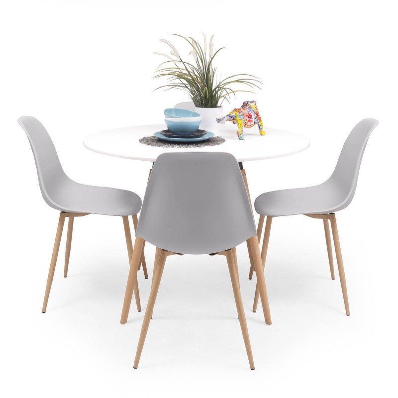 Conjunto de comedor TOWER CAIRO NORDIC, mesa redonda lacada en blanco de 100 cm y 4 sillas CAIRO
