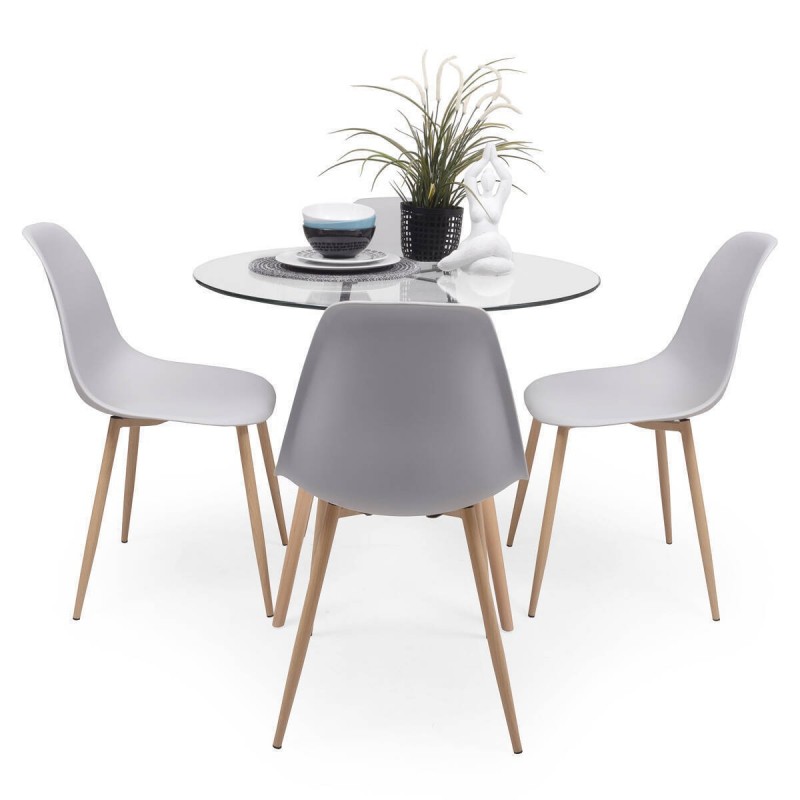 Conjunto de comedor TOWER CAIRO NORDIC 100, mesa redonda de cristal de 100 cm y 4 sillas CAIRO NORDIC