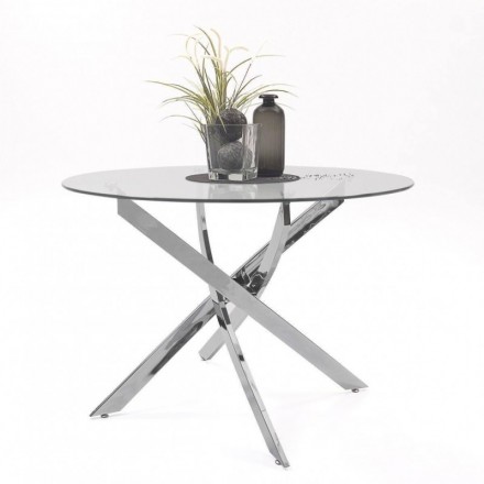 Mesa de comedor redonda DALILA cristal templado y pies de metal cromado de 110 cm