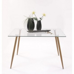 Mesa de comedor de diseño nórdico CAIRO tapa de cristal y patas de metal color roble 120x80 cm